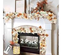 Neutral Fall Garland for Mantle Fireplace - 2 Pack 6Ft Outdoor Autumn Leaves Decor for Home Front Door with Pumpkins Indoor Maple for Farmhouse Table Stairs Porch Halloween Thanksgiving Decorations
