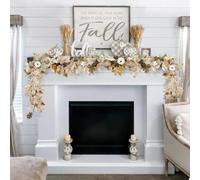 Neutral Fall Garland for Mantle Fireplace - 6Ft Outdoor Autumn Leaves Decor for Home Front Door with Pumpkins Indoor Maple for Farmhouse Table Stairs Porch Halloween Thanksgiving Decorations