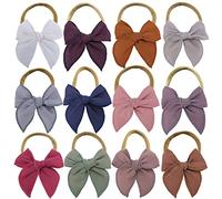 Neutral Linen Bow Nylon Headband for Baby Newborn Infant Toddler Hair Bow Elastic Bands Baby Girls Little Kids Headbands (Linen Fable bow 3'')