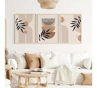 Neutral Modern Wall Art Boho Mid Century Canvas Prints Posters Artwork Brown Geometric Black Leaves Painting Pictures 60x80cm(24x31in) x3 Frameless