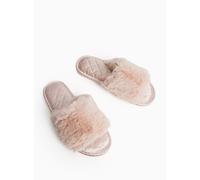 Neutral Plush Faux Fur Satin Lined Mule Slippers L