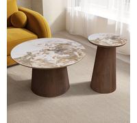 Large Walnut Round Coffee Table with Marble Effect - Malia