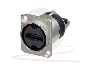 Neutrik HDMI feedthrough Chassis Connector, in silver D-shape housing. NAHDMI-W