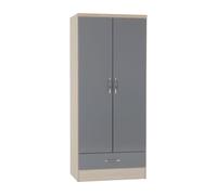 Nevada 2 Door 1 Drawer Wardrobe Grey Gloss/Light Oak Effect Veneer
