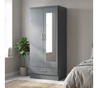 Seconique Nevada Mirrored 2 Door 1 Drawer Wardrobe In 3D Effect Grey Finish