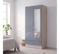 Seconique Nevada Mirrored 2 Door 1 Drawer Wardrobe Grey And Oak Effect