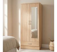 Nevada 2 Door Mirrored Wardrobe with Drawer Sonoma Oak Bedroom Clothes Storage