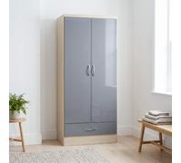 Seconique Nevada 2 Door 1 Drawer Wardrobe - Grey Gloss/Light Oak Effect Veneer, Grey