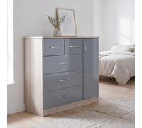 Seconique Nevada 5 Drawer Low Wardrobe - Grey Gloss/Light Oak Effect Veneer, Grey