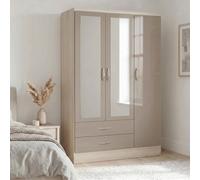 Nevada 3 Door 2 Drawer Mirrored Wardrobe Oyster Gloss Bedroom Clothes Storage