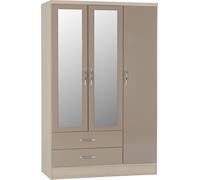 Seconique Wardrobe Nevada 3-Door 2-Drawer – Oyster Gloss & Light Oak Effect Veneer, Brown