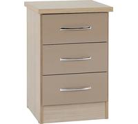 Seconique Nevada 3 Drawer Bedside - Oyster Gloss/Light Oak Effect Veneer, Brown