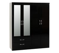 Seconique Nevada 4 Door 2 Drawer Mirrored Wardrobe In Black Gloss Finish