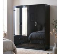 Seconique Nevada 4 Door 2 Drawer Mirrored Wardrobe In Black Gloss Finish