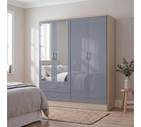 Nevada 4 Door 2 Drawer Mirrored Wardrobe Grey Gloss Bedroom Clothes Storage