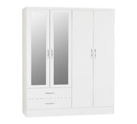 Nevada 4 Door 2 Drawer Mirrored Wardrobe in White Gloss Finish Hanging Rail