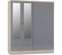 Seconique Nevada 4 Door 2 Drawer Wardrobe - Grey Gloss/Light Oak Effect Veneer, Grey