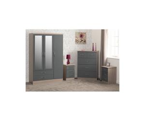 Nevada 4 Piece Grey Gloss Bedroom Set - 3 Door 2 Drawer Mirrored Wardrobe, 5 Drawer Chest & 2 x 3 Drawer Bedside