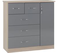 Seconique Nevada 5 Drawer 1 Door Low Wardrobe Grey Gloss And Light Oak Effect Veneer