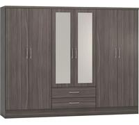 Seconique Nevada 6 Door 2 Drawer Mirrored Wardrobe In Black Grain Effect Finish