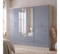Seconique Nevada 6 Door 2 Drawer Mirrored Wardrobe In Grey Gloss And Oak Effect Finish