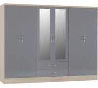 Nevada 6 Door 2 Drawer Mirrored Wardrobe in Grey Gloss and Oak Effect Finish