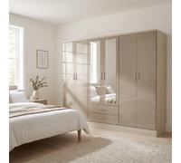 Seconique Nevada 6 Door 2 Drawer Mirrored Wardrobe In Oyster Gloss And Oak Effect Finish