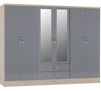 Nevada 6 Door 2 Drawer Mirrored Wardrobe - Grey Gloss, Light Oak
