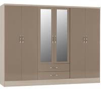 Seconique Nevada 6 Door 2 Drawer Wardrobe - Oyster Gloss/Light Oak Effect Veneer, Brown