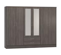 Nevada Black Wood Grain Effect 6 Door 2 Drawer Mirrored Wardrobe Bedroom Storage