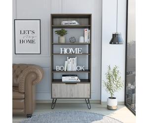 Nevada Display Bookcase with Door, Smoked and Bleached Oak, Hairpin Legs