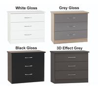 Nevada 3 Drawer Chest of Drawers Grey Gloss Bedroom Storage Cabinet Furniture