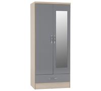 Seconique Nevada Mirrored 2 Door Wardrobe - Grey Gloss/Light Oak Effect Veneer, Grey