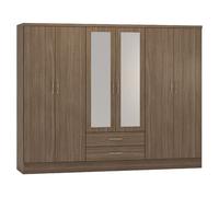 Nevada Rustic Oak Effect 6 Door 2 Drawer Mirrored Wardrobe Bedroom Storage