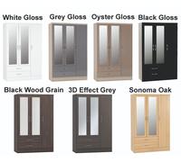 Seconique Nevada Grey Gloss 3 Door 2 Drawer Mirrored Wardrobe