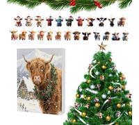 Nevalerra 24 Days Highland Cow Christmas Advent Calendar | Christmas 24 Days Cow Decoration Countdown Calendar | 2D Acrylic Flat Animal Pendant for Tree Party Window Car Interior Mirror Door Wall
