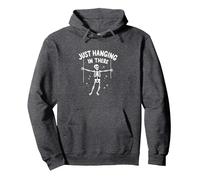 Never Better Skeleton Just Hanging In There Humor Goth Pullover Hoodie, Adult Unisex, Dark Heather Grey, XL