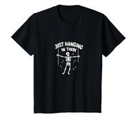 Never Better Skeleton Just Hanging in There Humor Goth T-Shirt, Kids, Black, 10 Years
