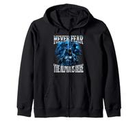 Never Fear The Alpha is Here Unhinged Iconic Wolf Meme Men Zip Hoodie