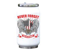 Never Forget Our Fallen Heroes USA Flag Shield Graphic Vacuum Insulated Thermal Beverage Can Bottle White
