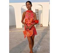 Never Fully Dressed Animal Print Lace Trim Tie Neck Top Orange Mix