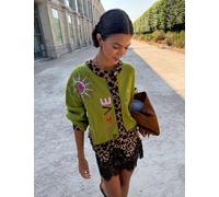 Never Fully Dressed Embroidered Crew Neck Relaxed Cardigan Khaki Mix