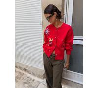 Never Fully Dressed Embroidered Crew Neck Relaxed Cardigan Red Mix