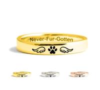 Never Fur-Gotten Mantra Ring, 18K Gold Plated Dog Paw Engraved Band, Pet Inspirational Memorial Souvenir Ring, Puppy Paw Band for Pet Lover (Gold, 9)