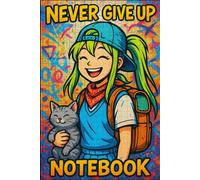 Never Give Up Graffiti Girl Notebook - Cool Green-Haired Girl with Kitten | 6x9 Lined Journal: Urban Art Style | DREAM BIG Motivation | 100 Lined Pages | Cute Cat Lover Sketchbook