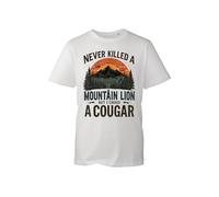 Never Killled A Mountain Lion But I Chocked A Cougar T-Shirt - Funny Mountain Lion Chocking Joke Shirt Novelty Hunting Tee (White, L)