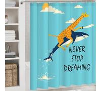 Never Stop Dreaming Shower Curtain Set - Whimsical Giraffe Riding Shark 4-Piece Bathroom Decor | Fun Inspirational Bath Set with Rugs, Toilet Lid & Contour Mat (1pc Shower Curtain)