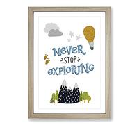 Never Stop Exploring Typography Framed Print | A2 Oak Framed Wall Art | Ready to Hang | Modern Positive Affirmations Picture | Living Room Bedroom Lounge Office