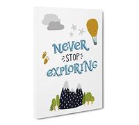 Never Stop Exploring Typography Quote Canvas Print | Gallery Wrapped 30mm Frame Wall Art | 20x14 inches | Ready to Hang | Modern Typography Picture | Living Room Bedroom Lounge Office