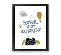 Never Stop Exploring Typography Quote Framed Wall Art Print, Ready to Hang Picture for Living Room Bedroom Home Office Décor, Black A2 (64 x 46 cm)